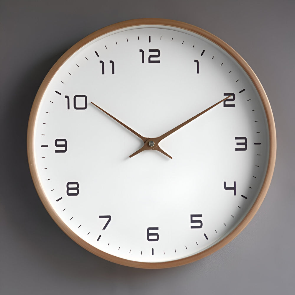 Brown rim wall clock with cream face, black numerals, and gold hands