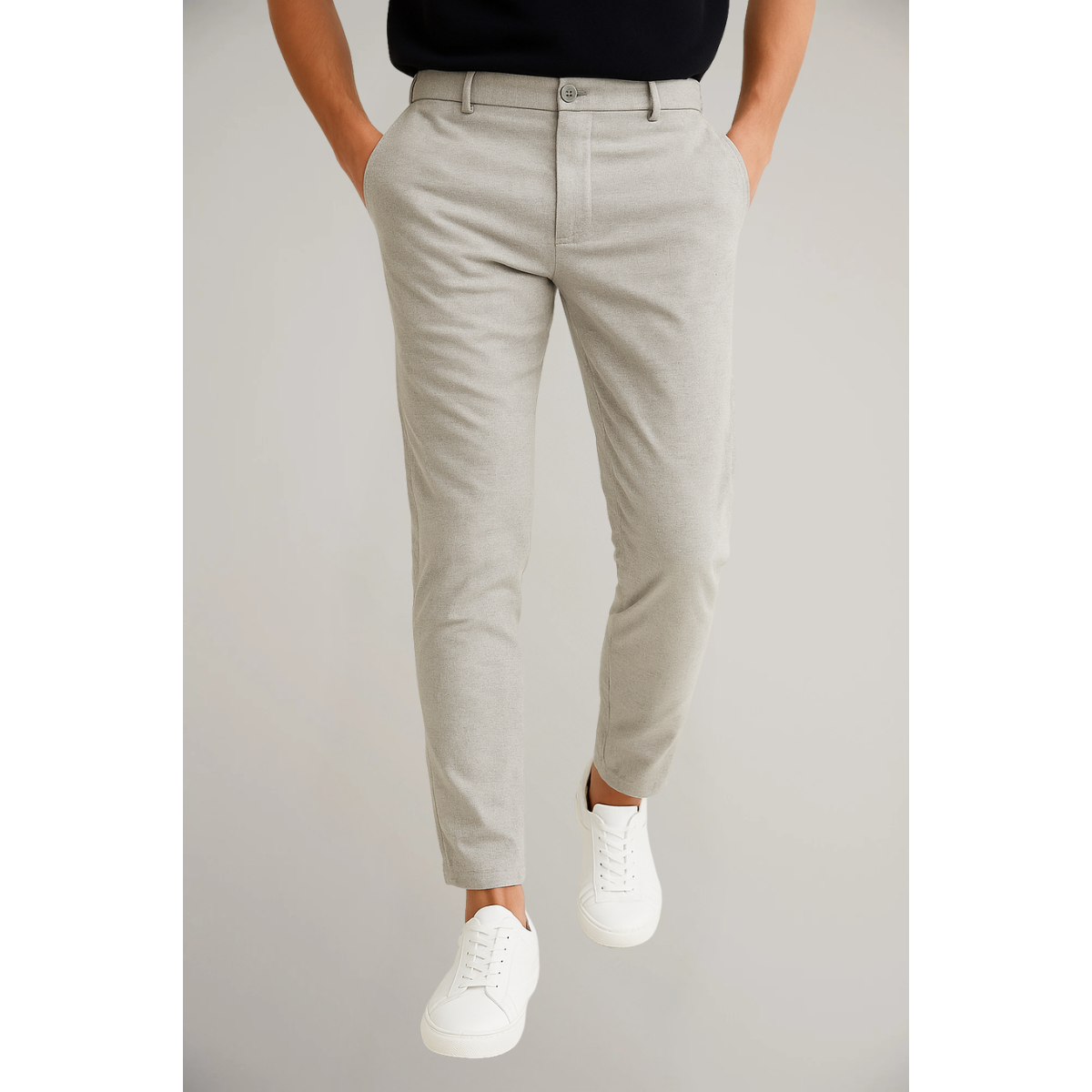 Slim fit tailored trousers, light beige with belt loops and button front.