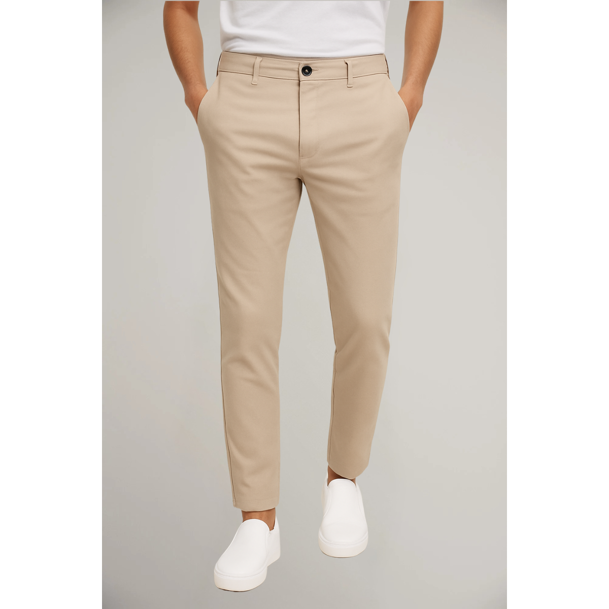 Slim-fit tailored trousers in light brown/tan, with belt loops and button waist