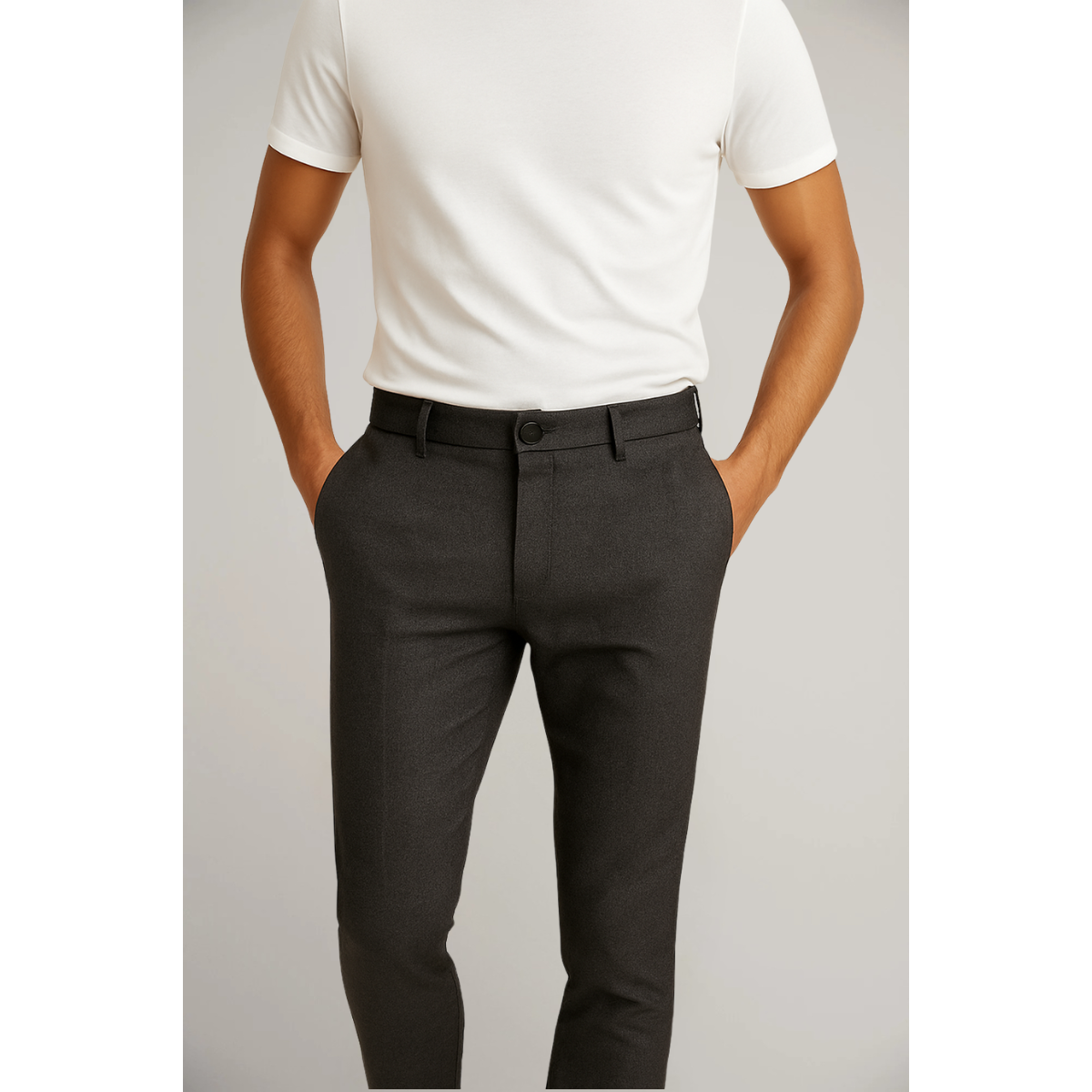 Slim fit tailored trousers, dark gray with belt loops and front button closure.