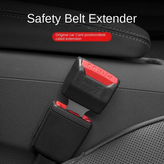 Car seat belt extender, black belt connector clips mounted on car seat
