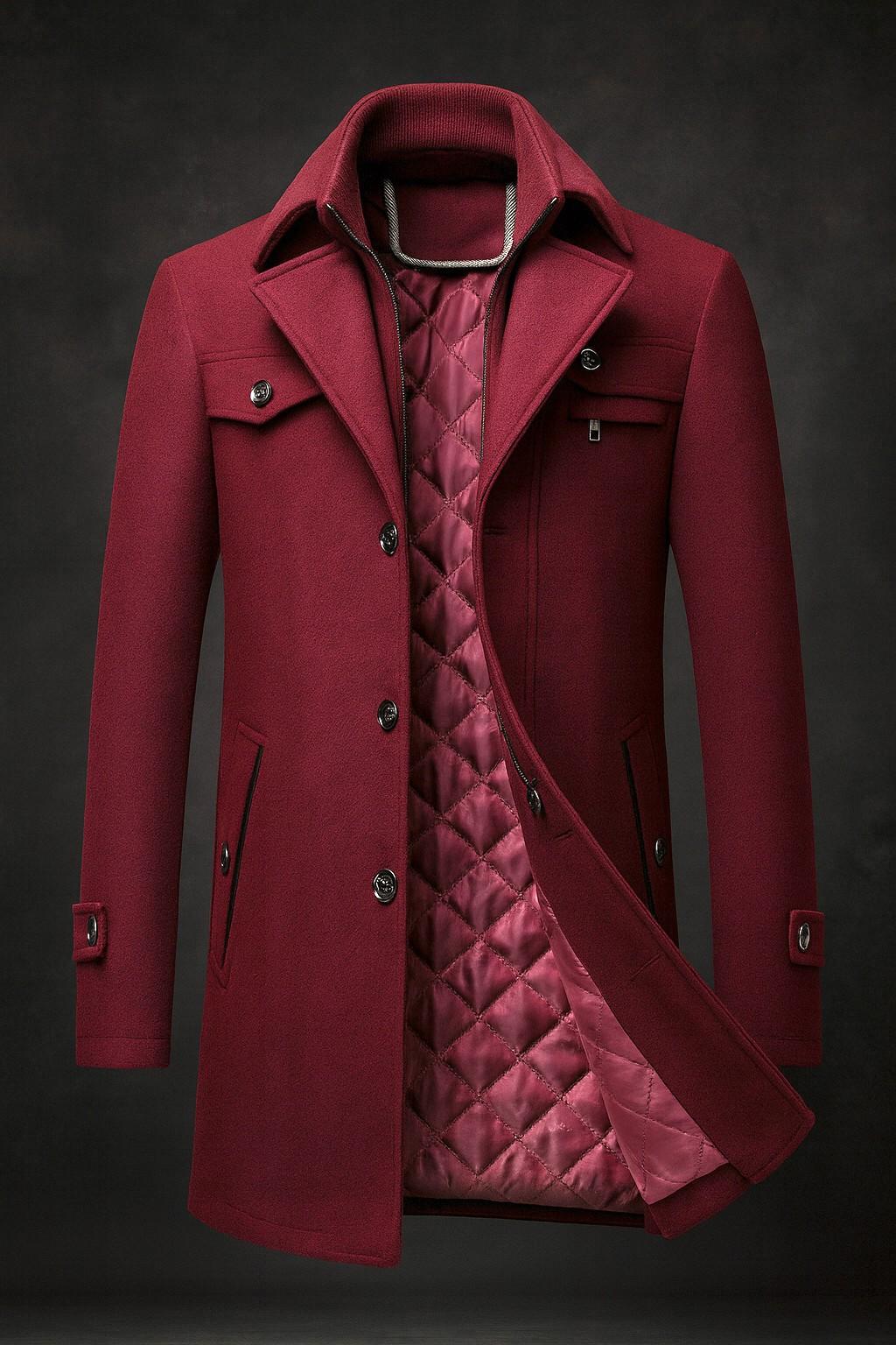 Textured collar winter coat, red color view