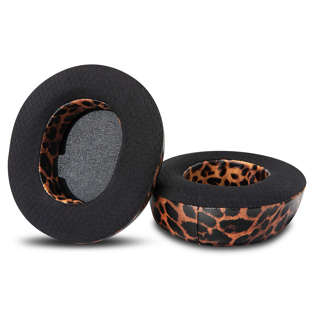 Pair of leopard-pattern cooling gel replacement earpads with dark outer fabric and blue gel