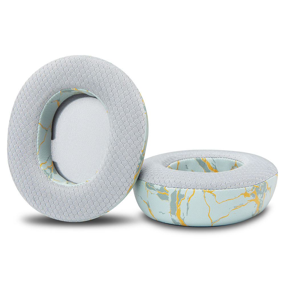 Two white cooling gel replacement earpads with light blue map-style accents and gray centers