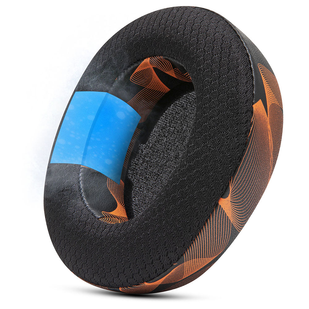 Black cooling gel replacement earpad with orange pattern and blue insert