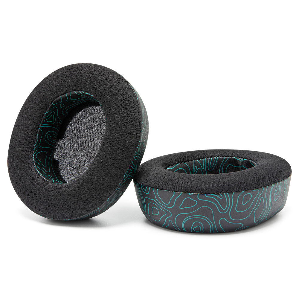 Cooling gel replacement earpads set, black with teal swirl pattern and circular inner cutout