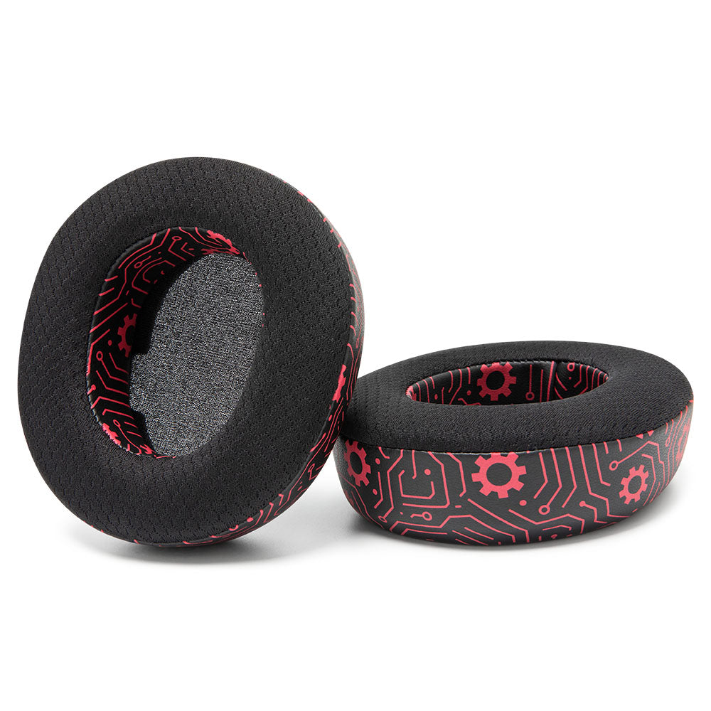 Pair of black cooling gel replacement earpads with red patterned trim and gray inner mesh