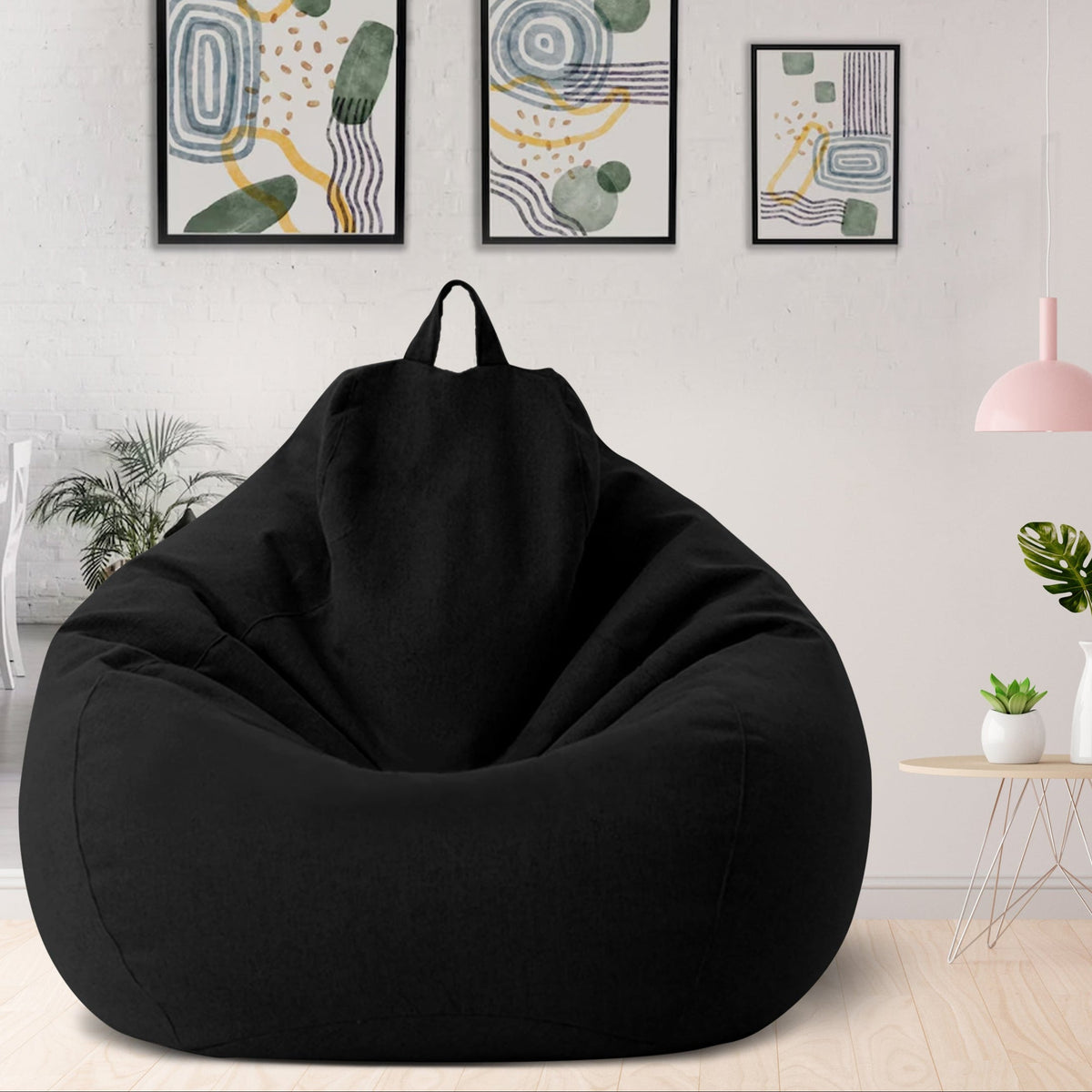 Ergonomic bean bag cover, black fabric bean with top carry handle