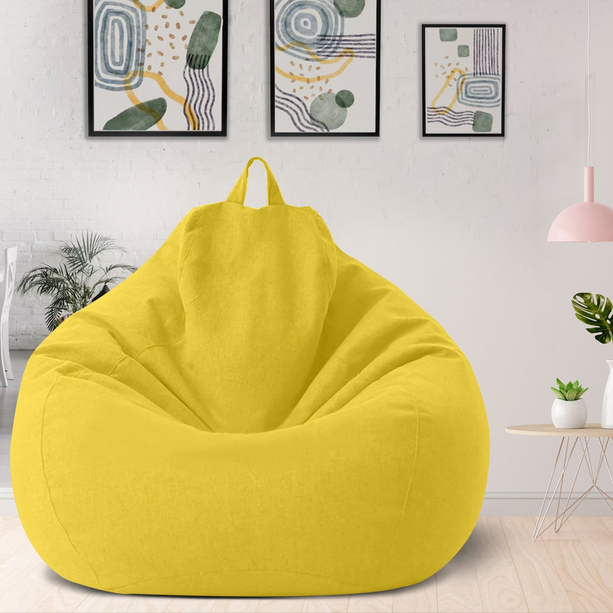 Yellow ergonomic bean bag cover with top handle and teardrop profile