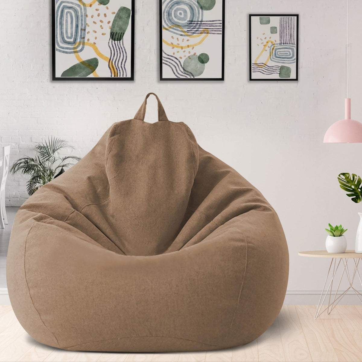 Ergonomic bean bag cover, brown fabric bean with top carry handle