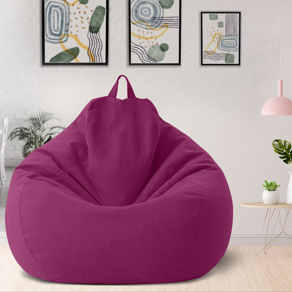 Ergonomic bean bag cover, purple fabric bean with top carry handle