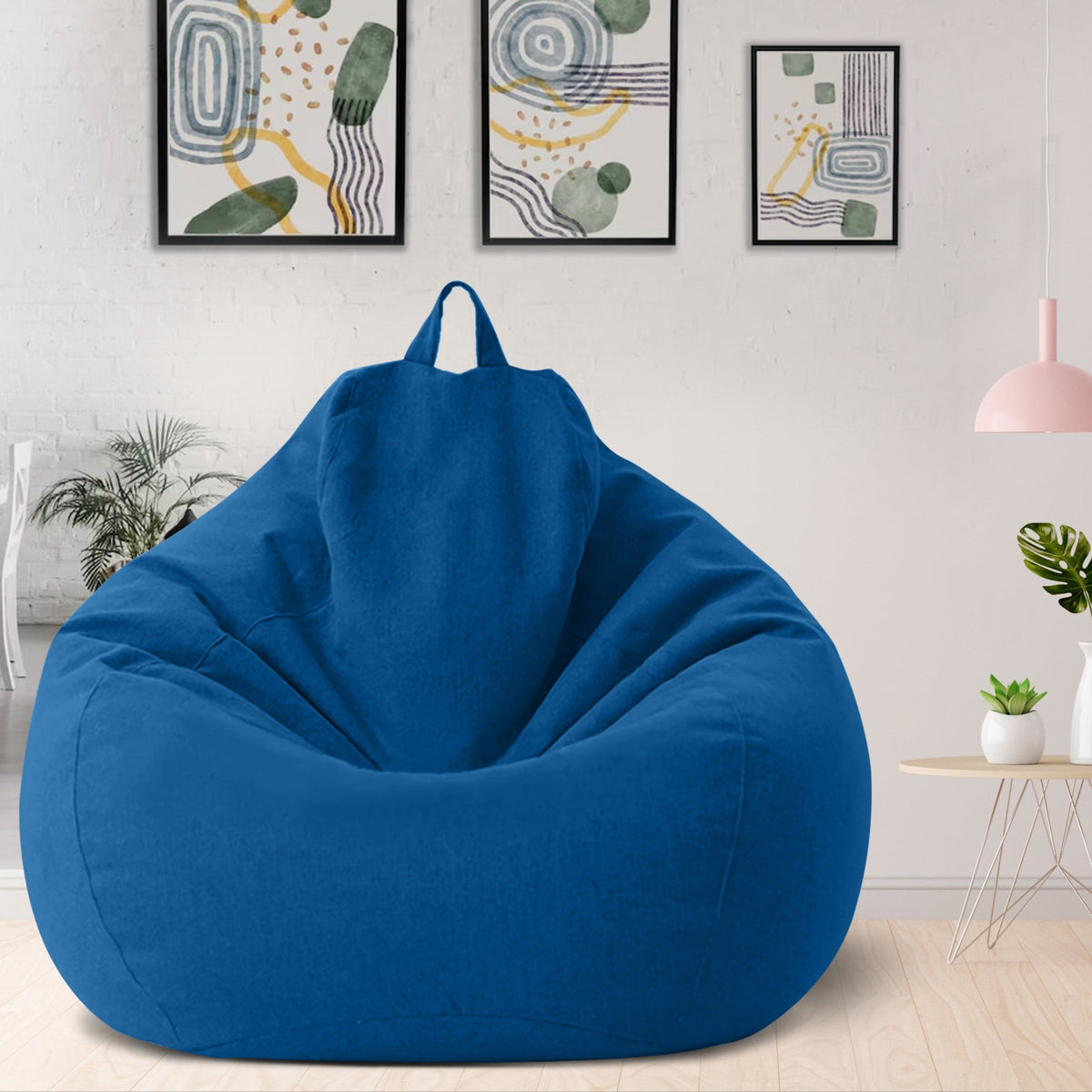 Ergonomic bean bag cover, blue fabric bean with top carry handle