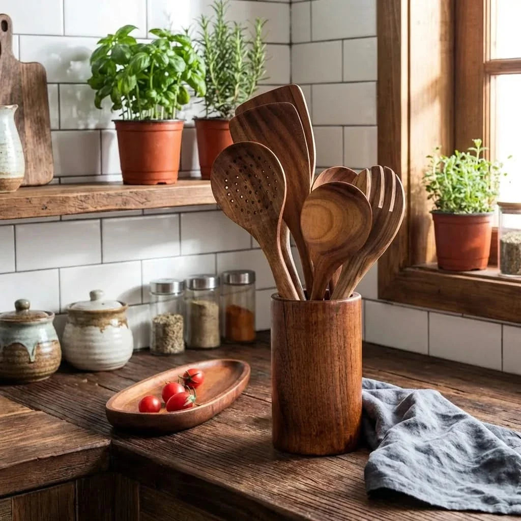 Teak Wood Utensil Holder with Weighted Base