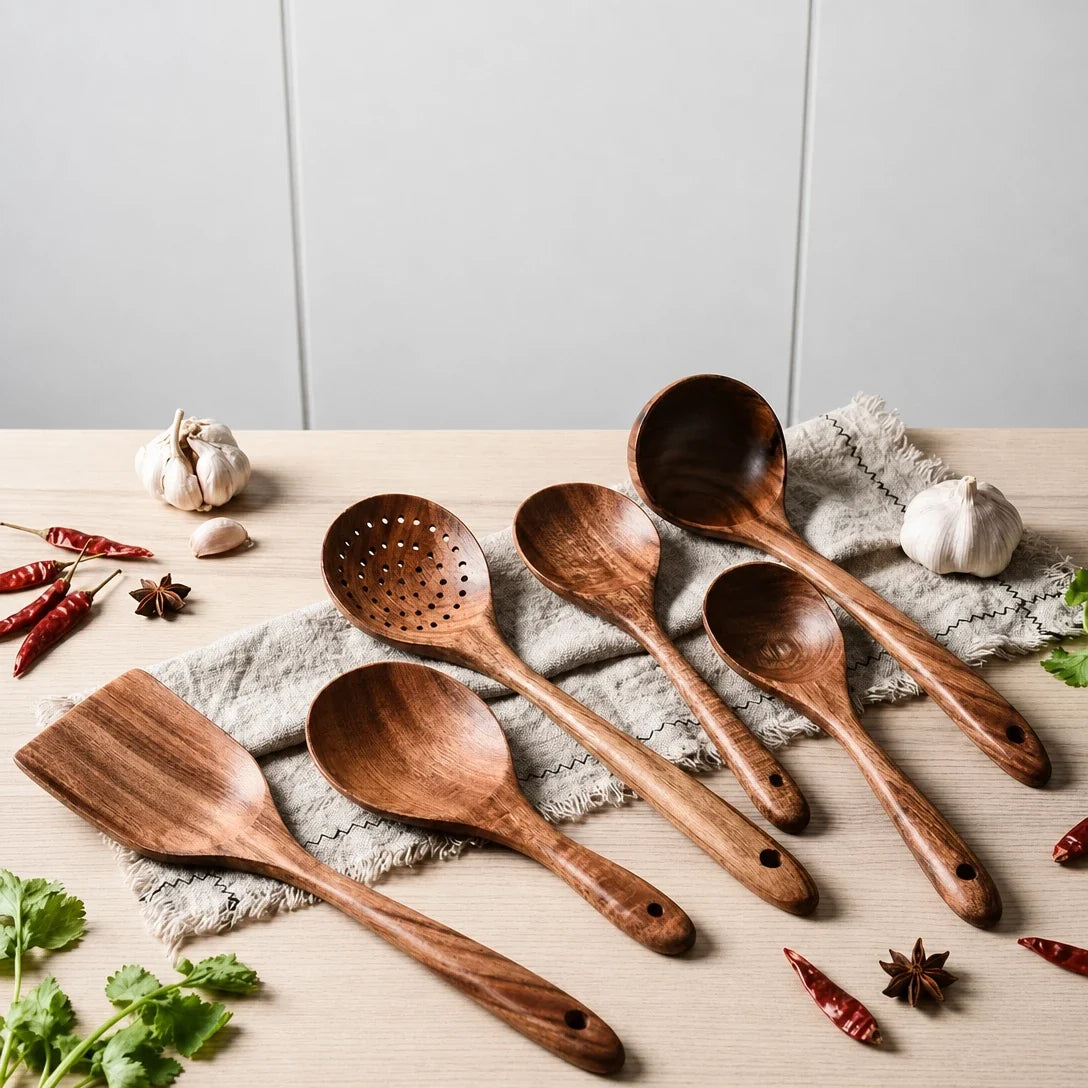 Teak wooden utensil set arranged on a cloth with herbs and garlic