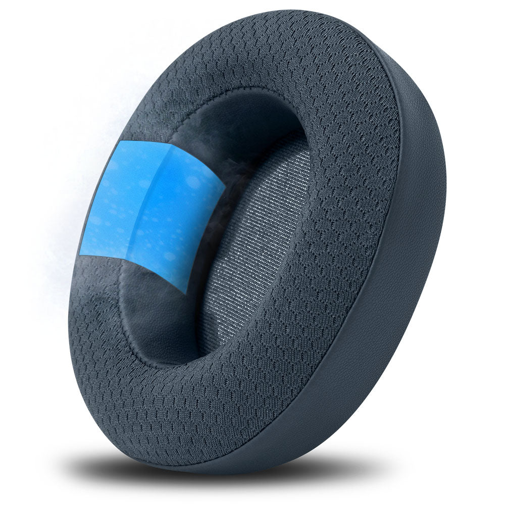 Dark gray cooling gel replacement earpad with blue gel strip and textured fabric surround
