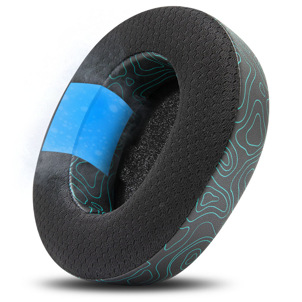Cooling gel replacement earpads, black with teal swirl pattern and blue cooling insert panel