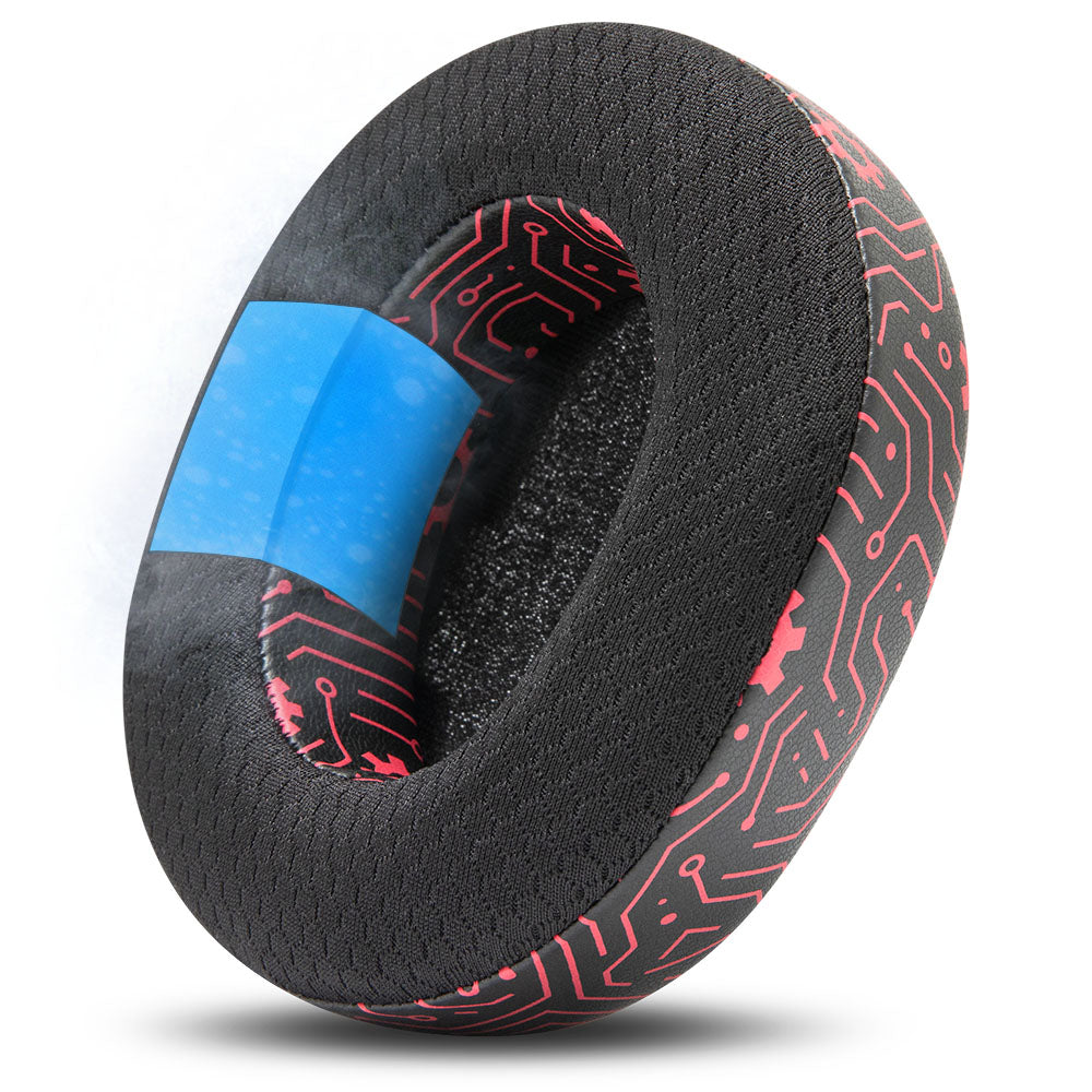 Cooling gel replacement earpads, black with red circuit pattern and blue cooling gel insert