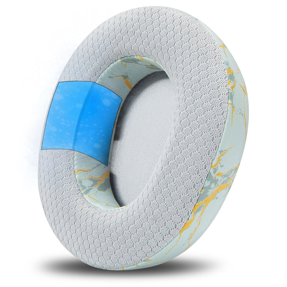White cooling gel replacement earpads with light blue map-style pattern and gray inner liner