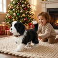 Robotic black-and-white puppy toy with white muzzle and brown collar, standing on carpet.