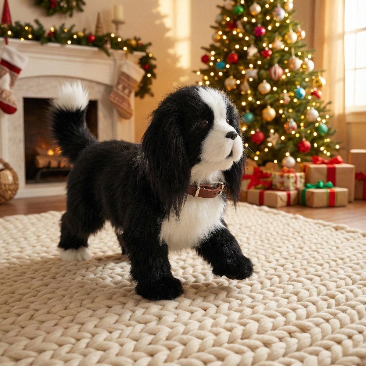 Robotic black-and-white puppy toy with white muzzle and brown collar, standing on floor.