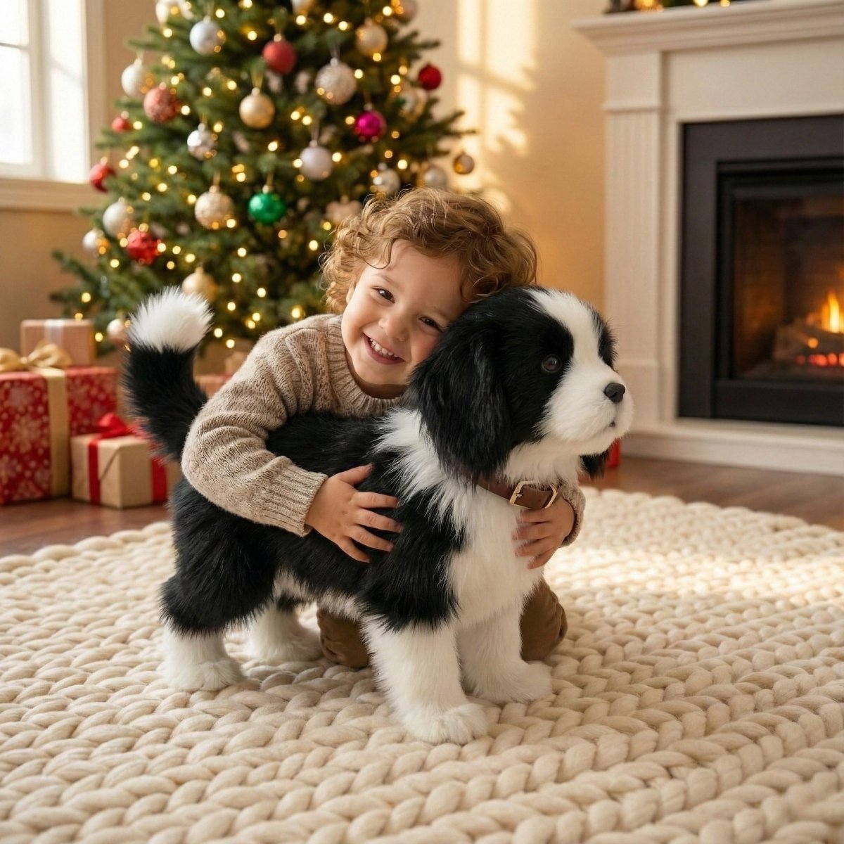 Robotic black-and-white puppy toy with white muzzle and brown collar, front view and lifted paw.