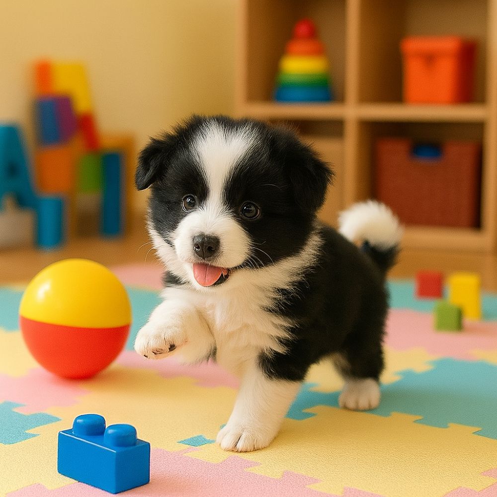 Robotic puppy toy with black fur and white patches, wearing an open-mouthed expression.