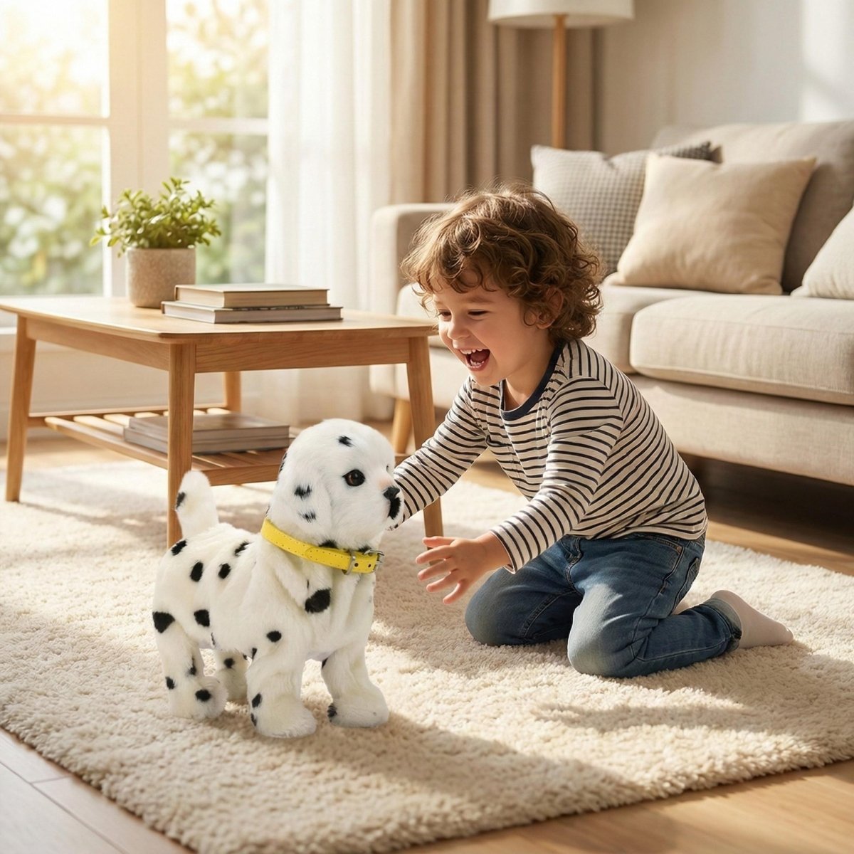 Robotic Dalmatian-style puppy toy with black spots and yellow collar, standing facing left.