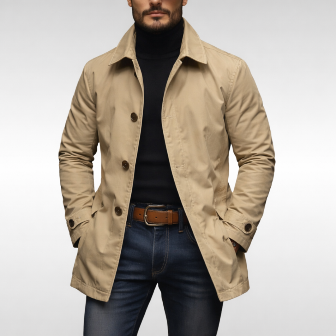 Beige quilted-lined button-front coat with stand collar and flap pockets