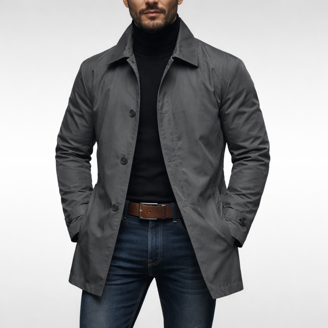 Gray quilted-lined button-front coat with stand collar and flap pockets