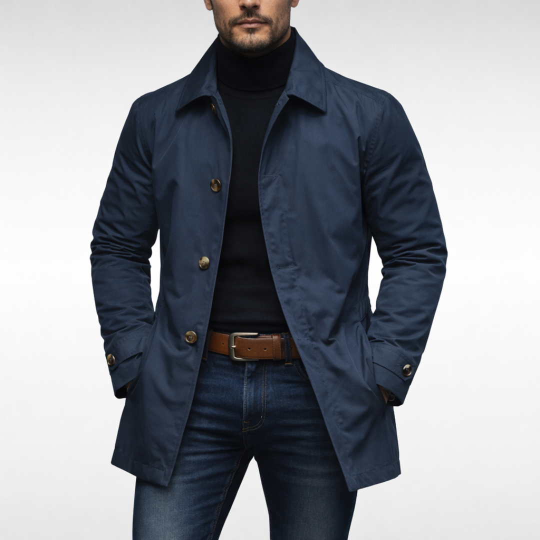 Navy quilted-lined button-front coat with stand collar and flap pockets