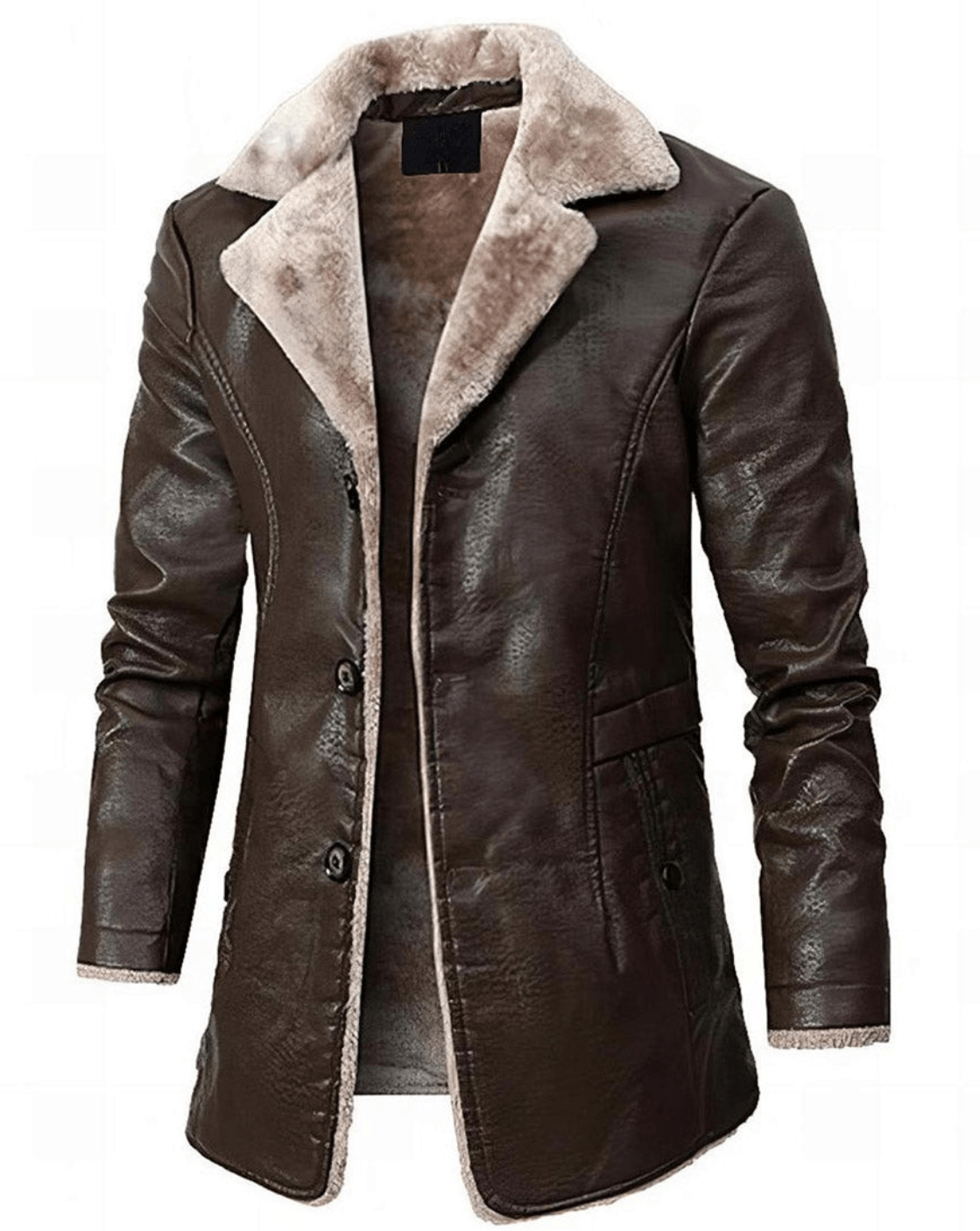 Men's longline leather jacket in brown with faux fur lined notch lapels and buttons