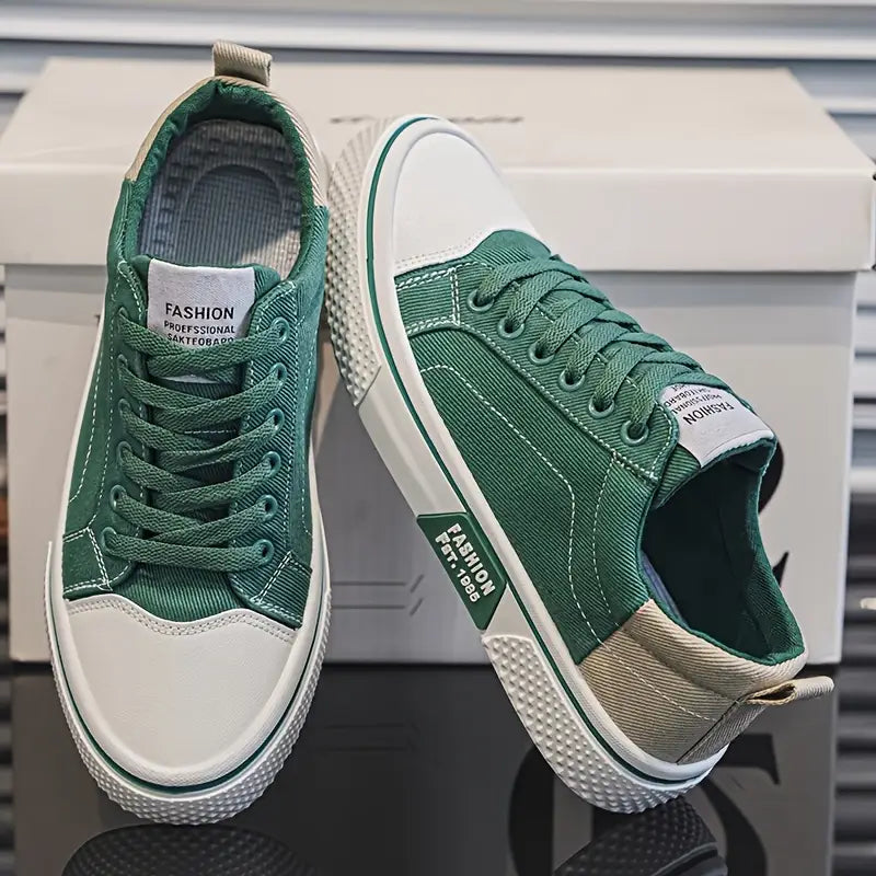 Men's low-top lace-up skate sneakers, green with white toe and side stripes