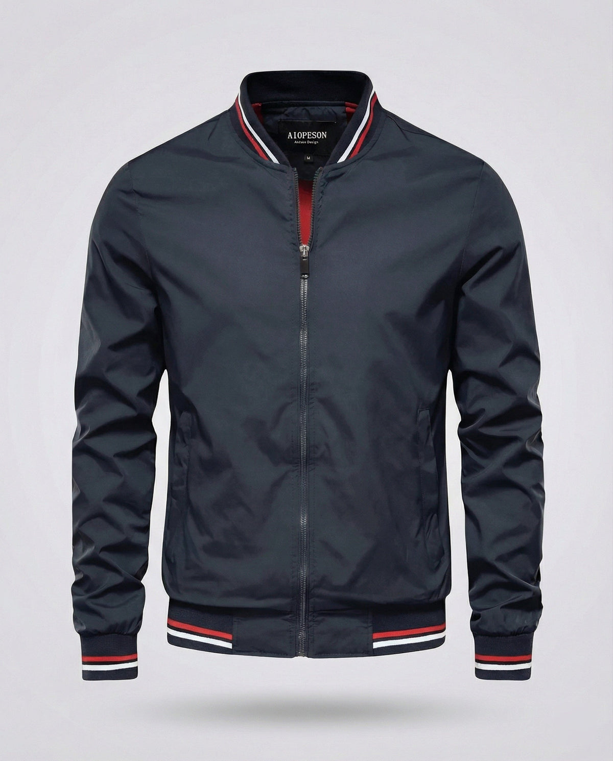 Men's navy zip-front bomber jacket with striped ribbed collar and cuffs