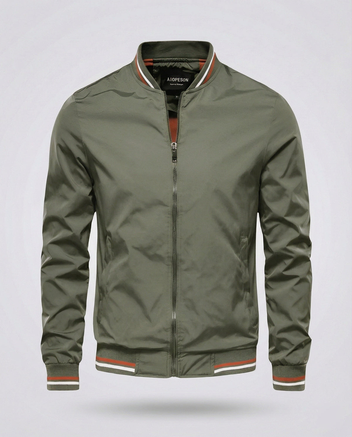 Men's olive green zip-front bomber jacket with ribbed cuffs and striped hem