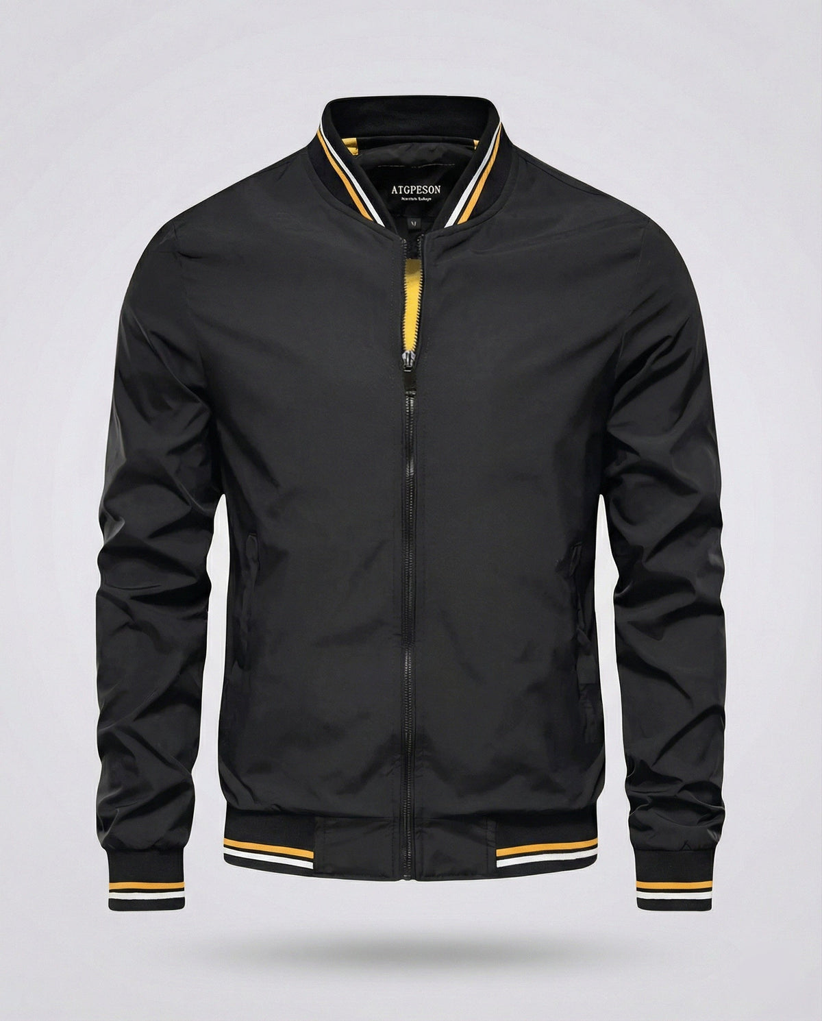 Men's black zip-front bomber jacket with ribbed cuffs and striped trim