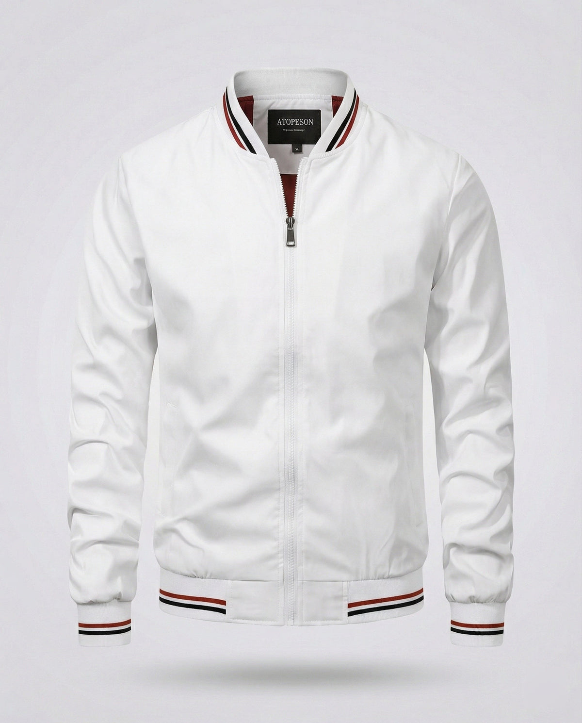 Men's white zip-front bomber jacket with ribbed cuffs and striped hem