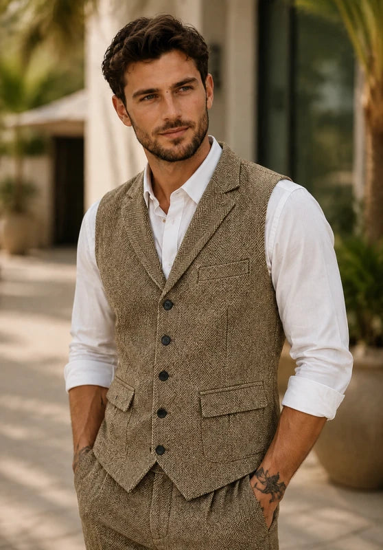 Notch lapel herringbone vest, khaki color view
