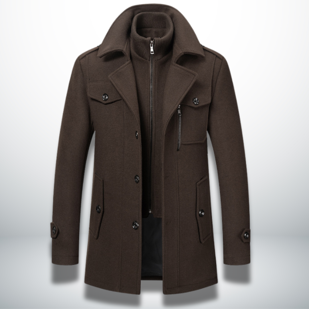 Classic elegant winter overcoat, dark brown color view