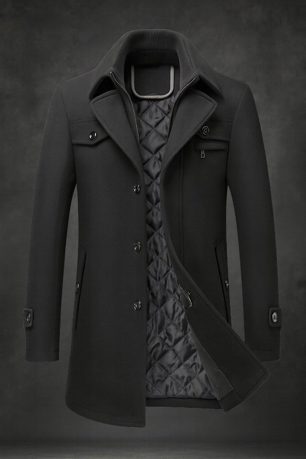 Textured collar winter coat, black color view