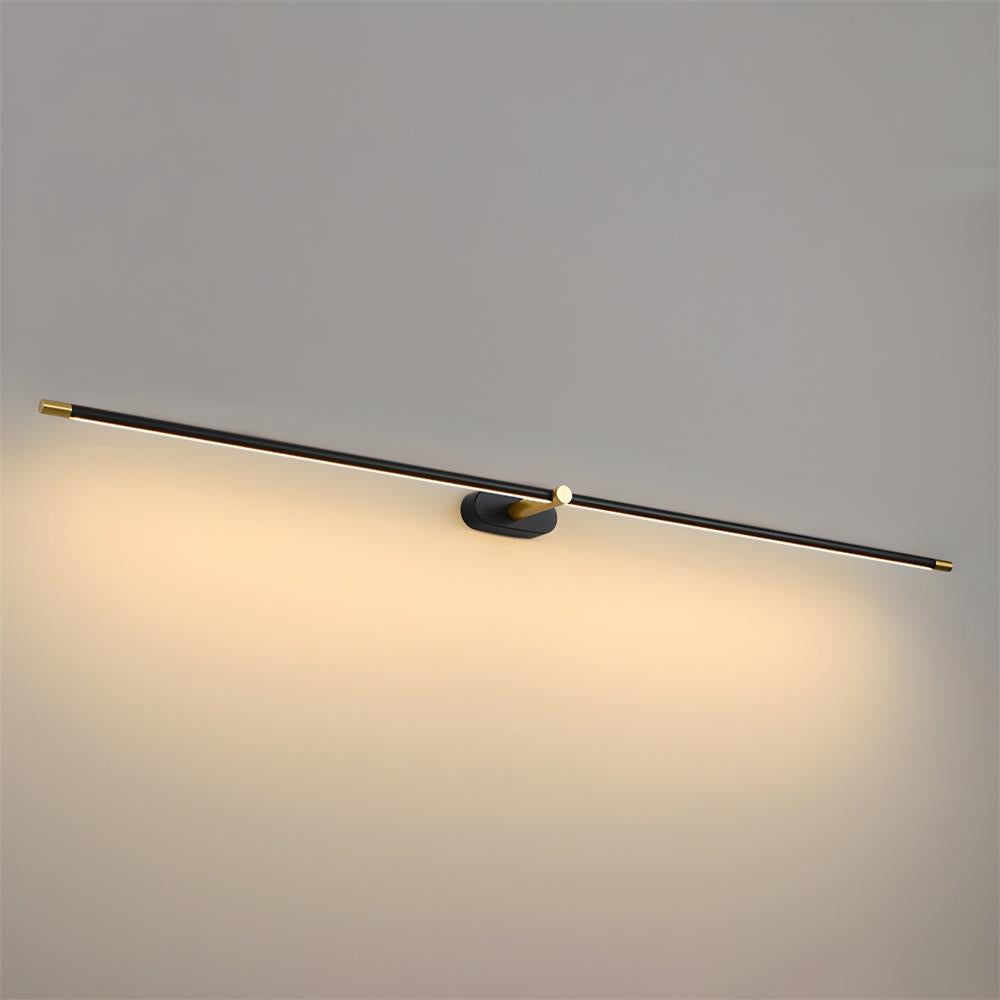 Black LED picture light bar with gold-toned mounting bracket, warm glow