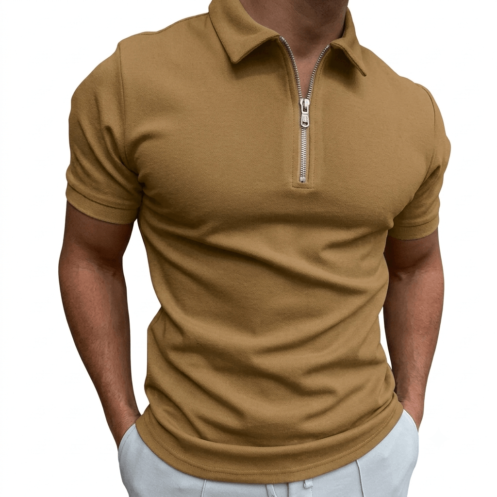 Slim fit half-zip polo, khaki front view