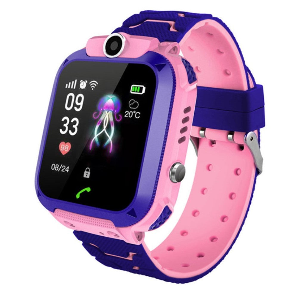 Kids GPS SOS smartwatch with pink silicone strap and dark purple case, round side button.