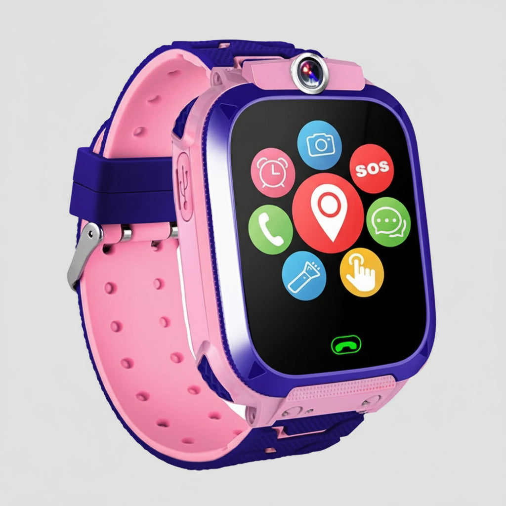 Kids GPS SOS smartwatch with pink strap and purple case, smartwatch screen with SOS icons.