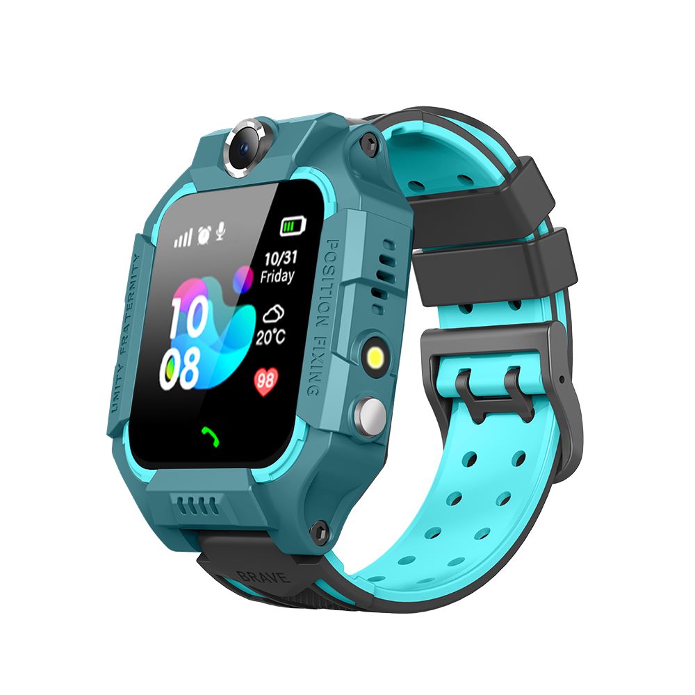 Kids GPS SOS smartwatch with teal silicone strap and dark gray case, side buttons visible.