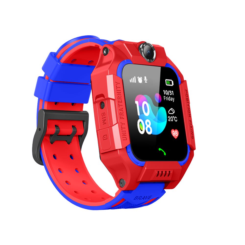 Kids GPS SOS smartwatch with red silicone strap and blue case, front display showing time.