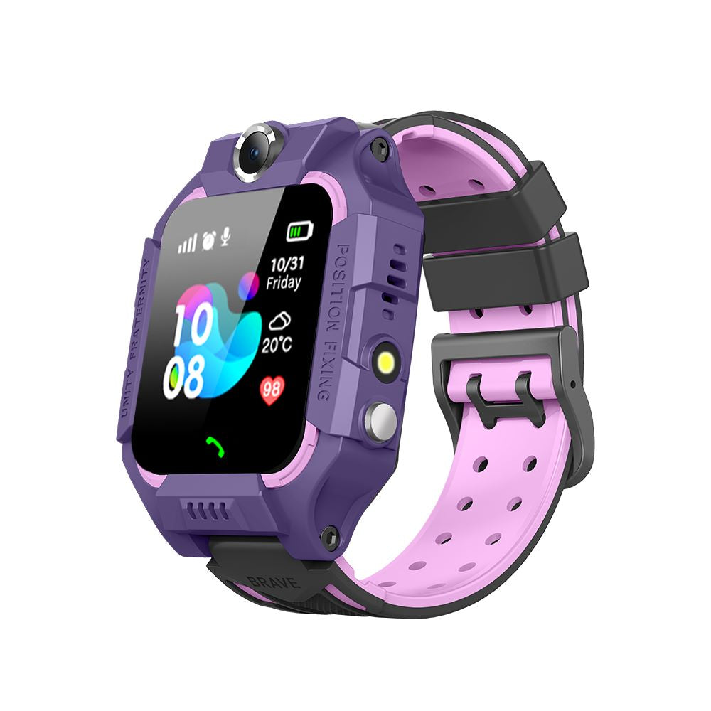 Kids GPS SOS smartwatch with lavender case and pink silicone strap, side view of the screen.