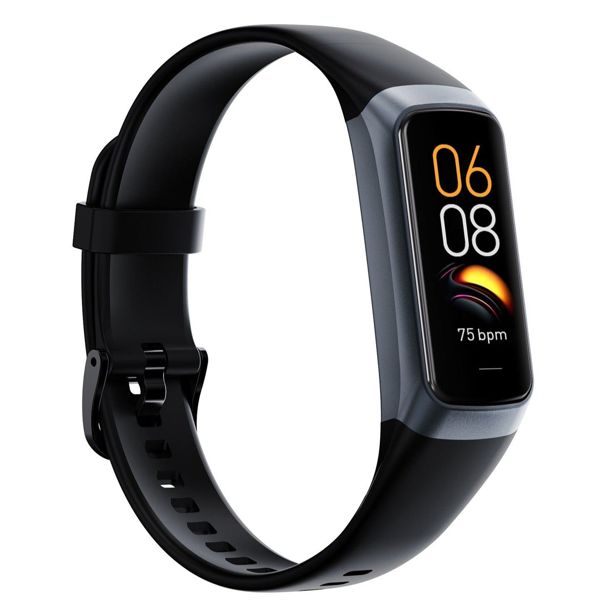 Black and gray kids activity watch with orange clock display and black strap