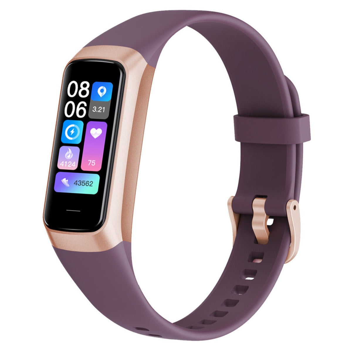 Purple kids activity watch with rose gold body and dark purple silicone strap