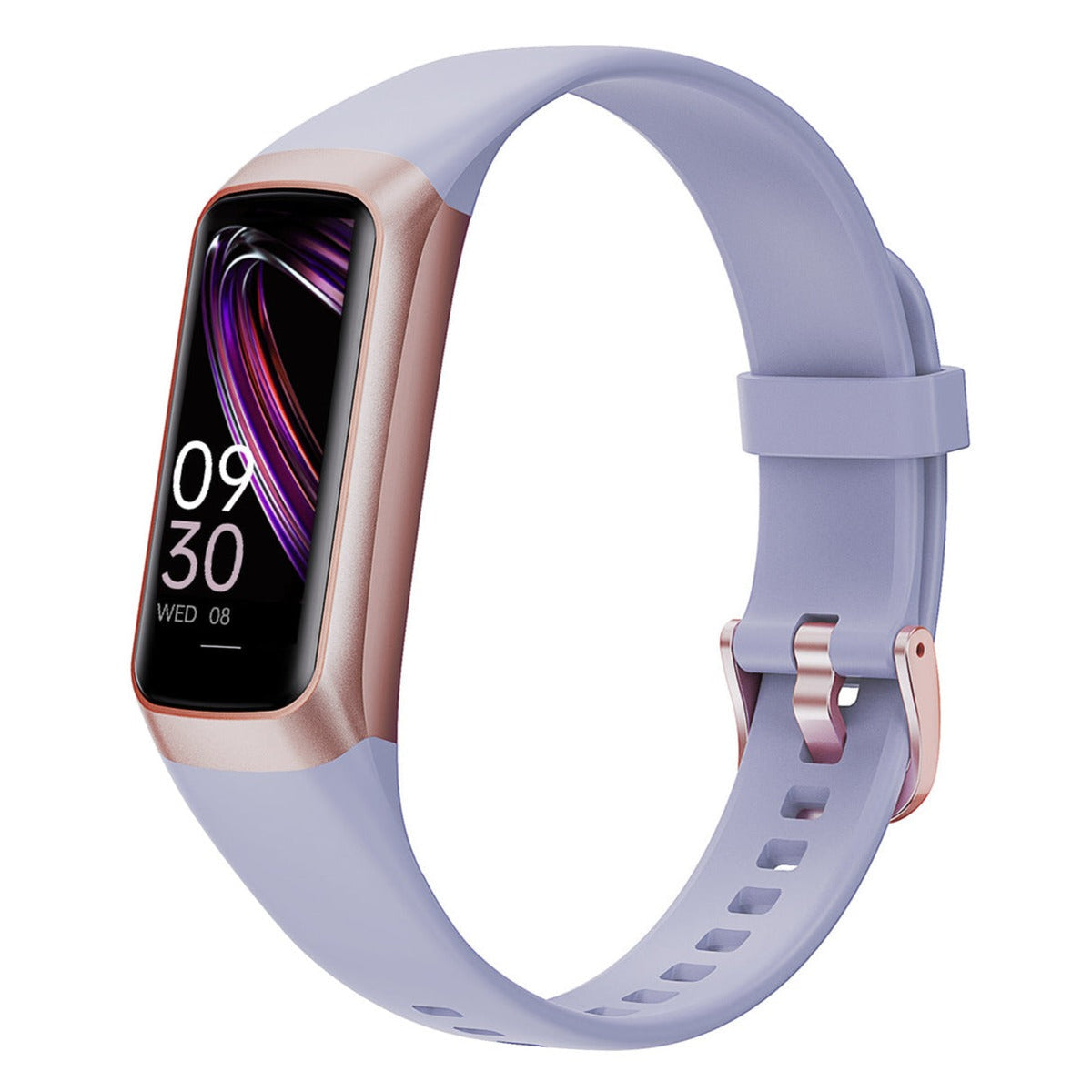 Light purple kids activity watch with rose gold body and lavender silicone strap