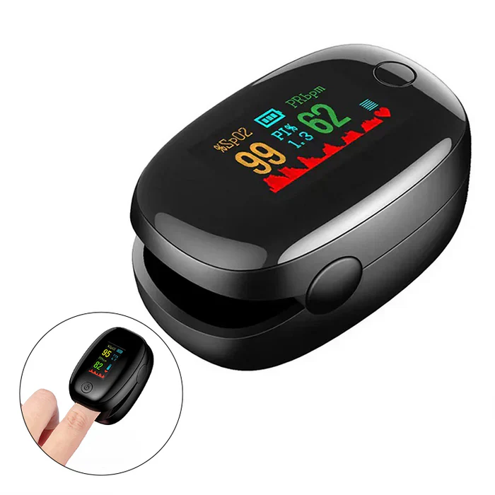 Black LED pulse oximeter with top button and display showing SpO2 and pulse rate